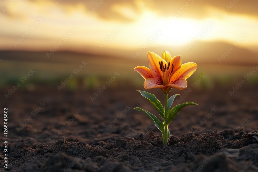 Obraz premium Single orange flower growing from soil in a sunlit field