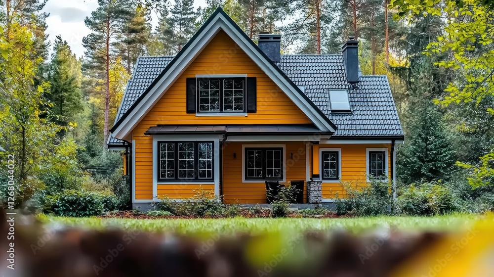 A vibrant orange house surrounded by trees in a serene outdoor setting. A vibrant orange house surrounded by trees in a serene outdoor setting.