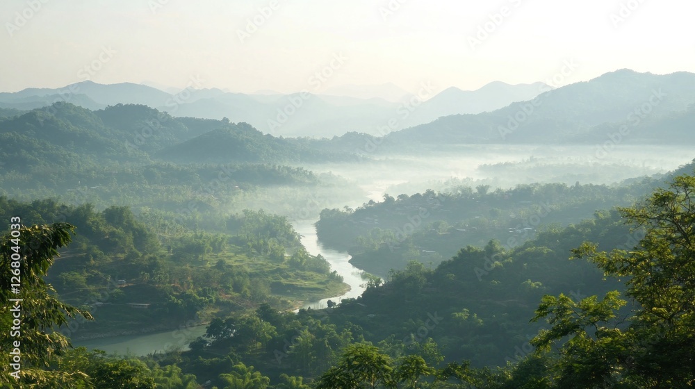 Serene River Valley Mist Shrouded Mountainscape Serene River Valley Mist Shrouded Mountainscape