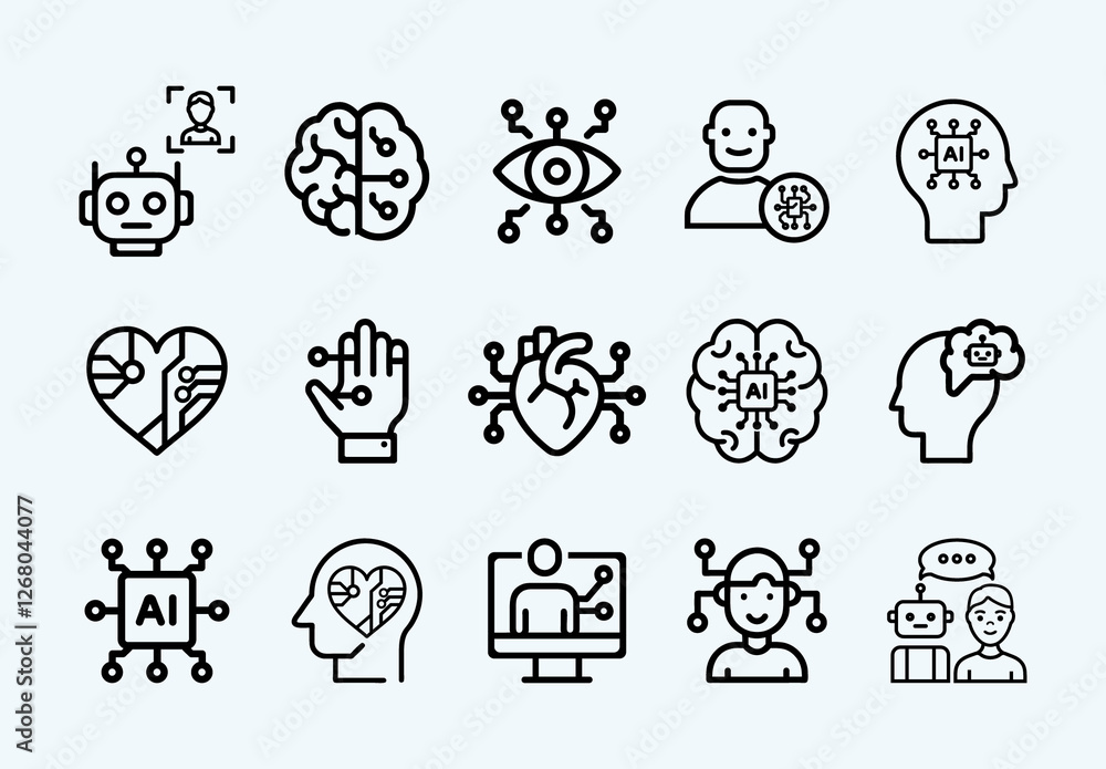 Black AI and Human Icons Line Art. Technology Icons Set Stock Template ...