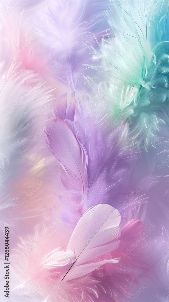 Obraz premium Dreamy pastel background with floating translucent feathers in soft pink and lavender shades, evoking feelings of peace and serenity. Ideal for digital artwork, mobile wallpapers