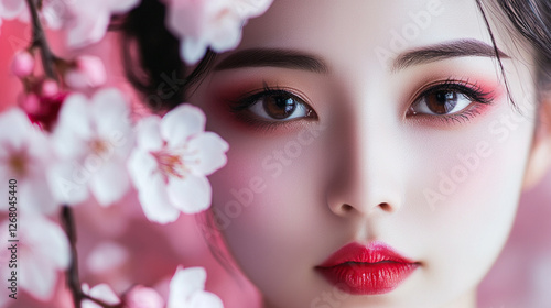Beauty stands out among cherry blossoms during springtime in a serene environment