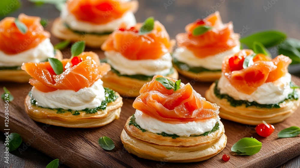 Close-up of delicious canapés topped with smoked salmon, cream cheese, and pesto. Close-up of delicious canapés topped with smoked salmon, cream cheese, and pesto.