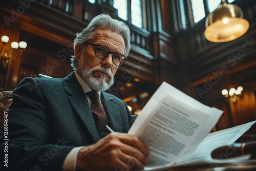 Elderly businessman reading documents in a sophisticated office setting photo