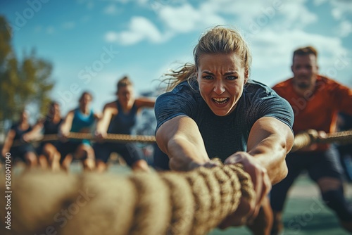 Group of people enthusiastically pulling a rope in a friendly outdoor competition
