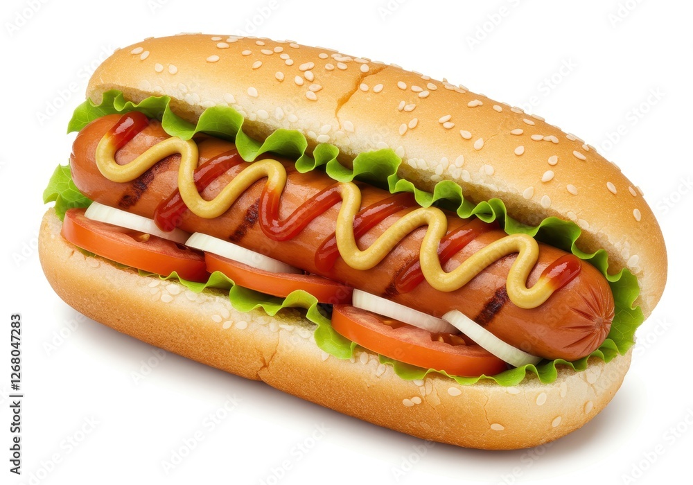 A perfectly assembled hot dog in a lightly toasted sesame seed-covered bun A perfectly assembled hot dog in a lightly toasted sesame seed-covered bun