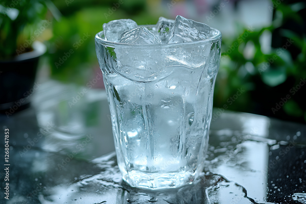 A glass of water with ice cubes placed on a table in a serene garden, reflecting the calm atmosphere and refreshing coolness A glass of water with ice cubes placed on a table in a serene garden, reflecting the calm atmosphere and refreshing coolness