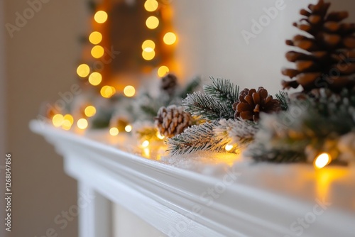 Festive winter decoration with pinecones and fairy lights on a mantel photo