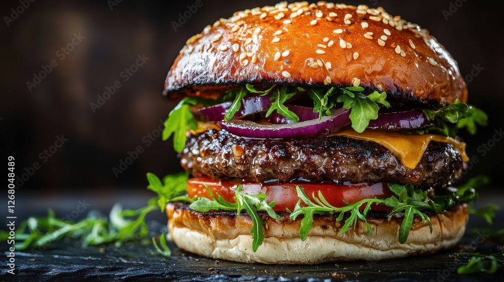 Juicy Gourmet Burger with Fresh Vegetables and Sesame Bun Juicy Gourmet Burger with Fresh Vegetables and Sesame Bun