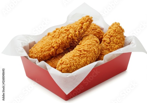 A red rectangular box filled with crispy golden-brown fried chicken tenders lined with white parchment paper
