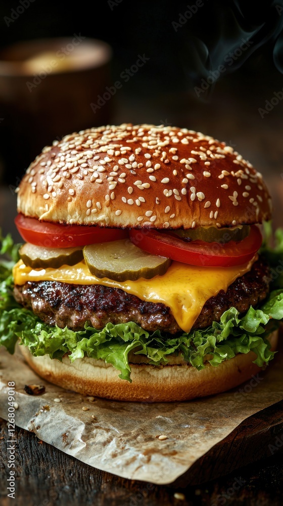 Juicy Cheeseburger with Fresh Vegetables on a Wooden Table Juicy Cheeseburger with Fresh Vegetables on a Wooden Table