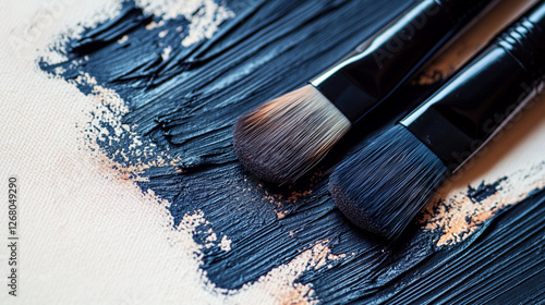 Brushes coated in dark paint resting on canvas with an artistic background
