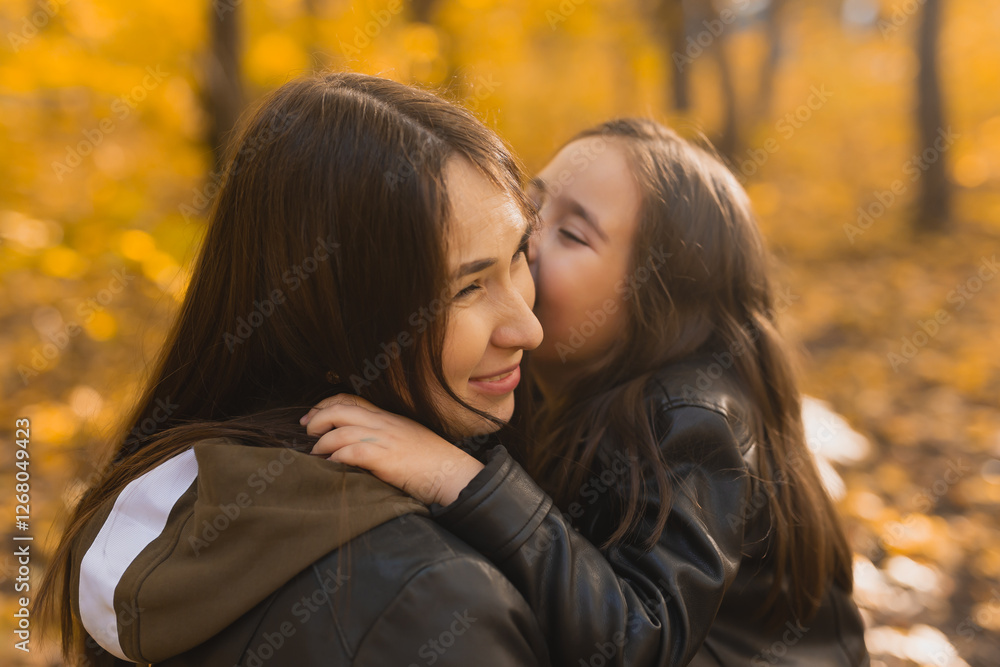 Fototapeta premium Little girl playing with mother in the autumn park