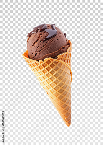 Realistic ice cream cone png vector featuring creamy chocolate ice cream with chocolate drizzle in a crunchy waffle cone. Great for food-related branding, menu designs, and dessert promotions.