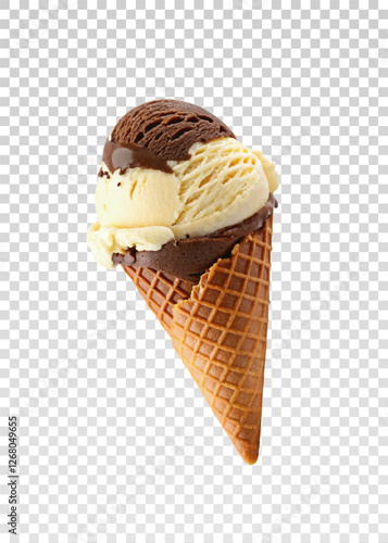 Realistic ice cream cone png vector featuring creamy chocolate ice cream with chocolate drizzle in a crunchy waffle cone. Great for food-related branding, menu designs, and dessert promotions.