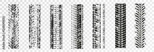 Traces of car, motorcycle tread. Curved realistic traces of tires of wheels from different types of tread vector png. Car wheels on disks.