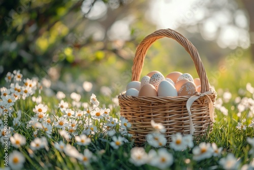 Rustic picnic basket filled with fresh eggs placed on green grass photo