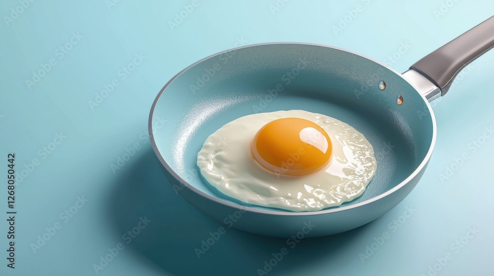 Freshly Cooked Egg in Nonstick Pan on Light Blue Background Freshly Cooked Egg in Nonstick Pan on Light Blue Background