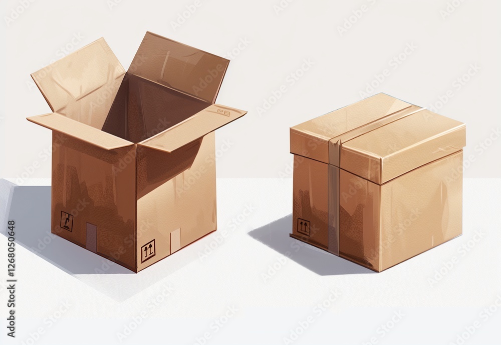 Fototapeta premium A set of two brown kraft cardboard boxes in 3D on a white background. A simple and clean concept for shipping, moving, and commercial use.