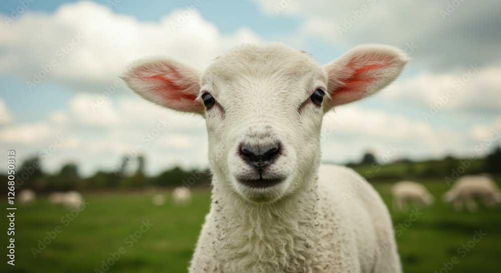 A young lamb curiously exploring its surroundings in a vibrant countryside landscape. A young lamb curiously exploring its surroundings in a vibrant countryside landscape.