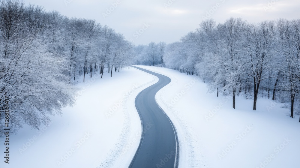 Fototapeta premium Winding road through a snow covered winter landscape