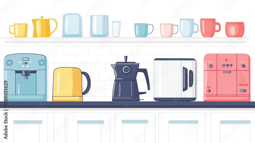 Kitchen countertop with colorful appliances and cups Kitchen countertop with colorful appliances and cups