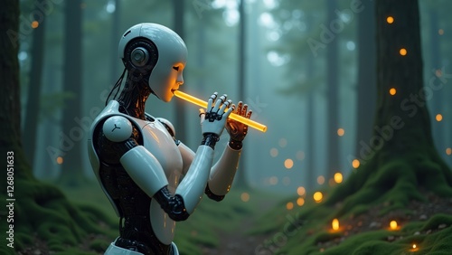 robot playing flute forest robot white black color has futuristic design standing middle forest tall trees moss covered ground background blurred appears misty forest orange lights shining through photo