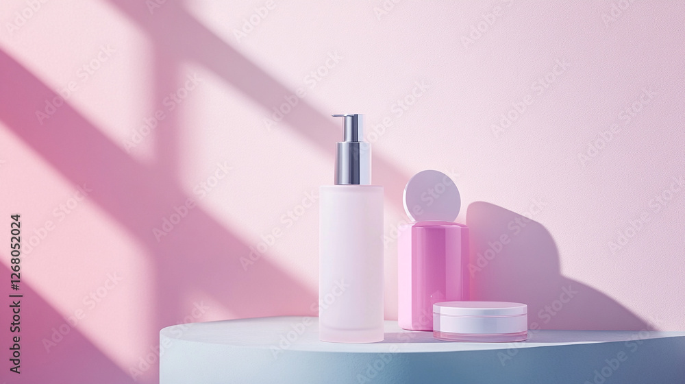Beauty products arranged aesthetically on a pastel background with soft shadows Beauty products arranged aesthetically on a pastel background with soft shadows