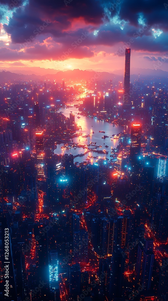 Fototapeta premium Futuristic city glowing network connections technology high resolution hd photo