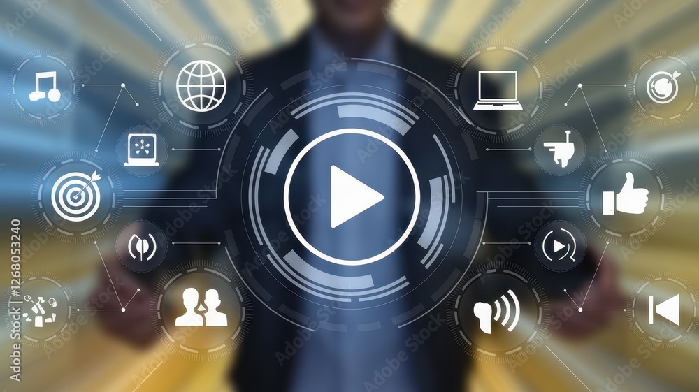 Fototapeta premium Digital content concept with play button and social media icons