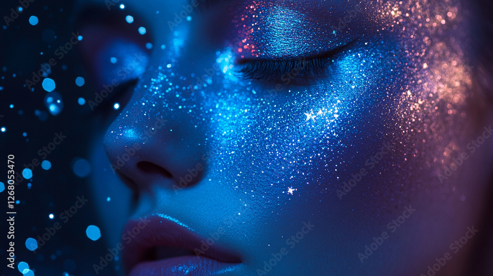 Face adorned with shimmering makeup reflecting a cosmic theme in a dark setting Face adorned with shimmering makeup reflecting a cosmic theme in a dark setting