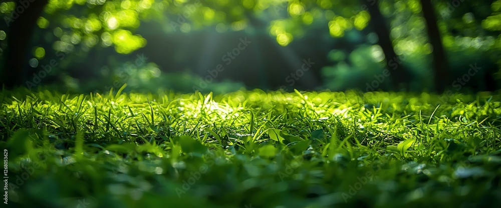 Fototapeta premium Sunlit grass, forest background, nature scene, peaceful