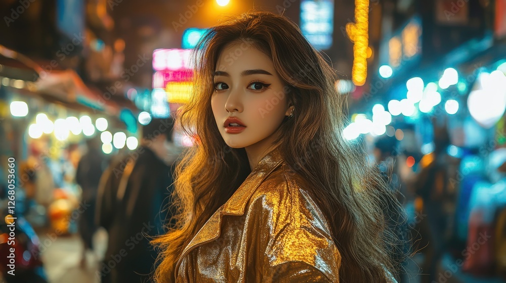 Fototapeta premium Young Woman Poses in Golden Jacket Night City Lights