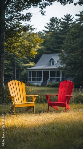 Two Colorful Lawn Chairs on a Grassy Field in Front of a Cozy Home Surrounded by Trees. Generative AI
