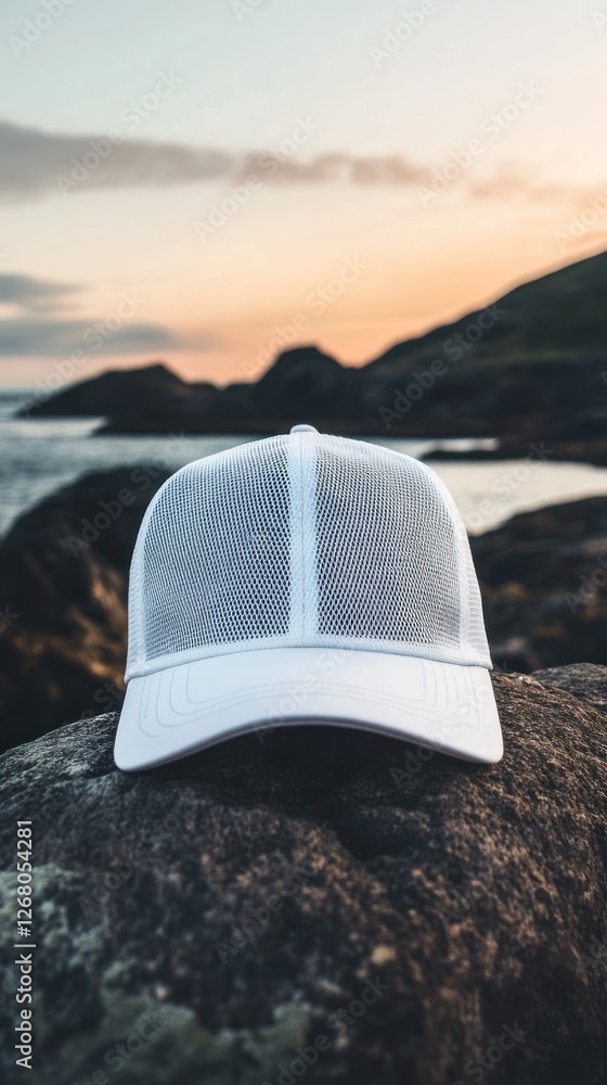 White Mesh Trucker Cap Sunset Coastal Rock White Mesh Trucker Cap Sunset Coastal Rock