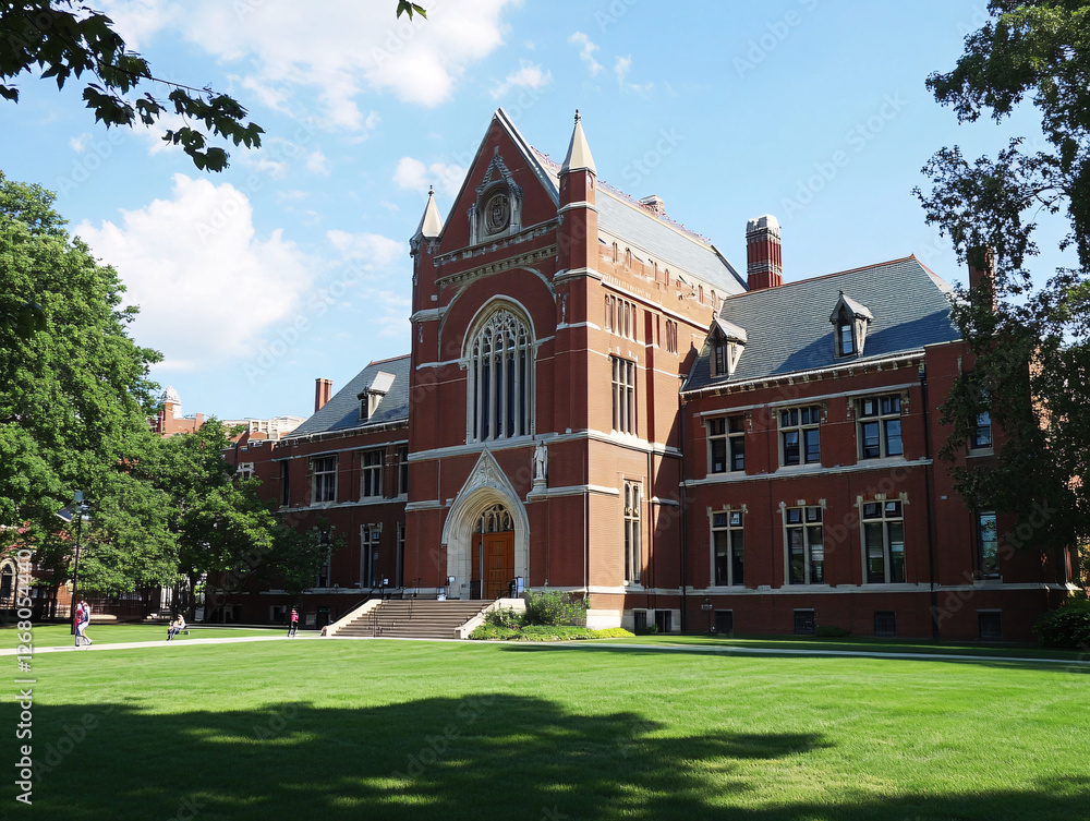 Fototapeta premium A grand historic red brick college building with arched windows and a lush green lawn under a bright blue sky with scattered clouds