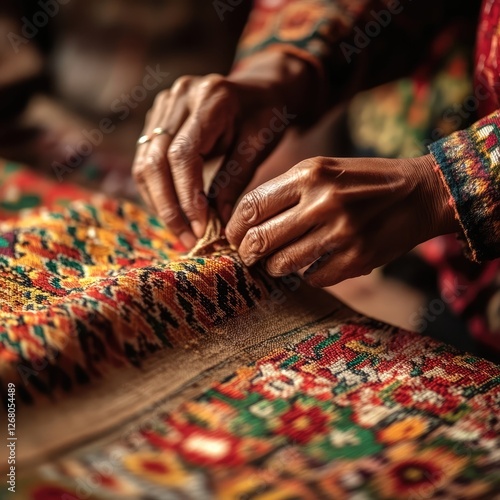 A person is sewing a colorful piece of fabric