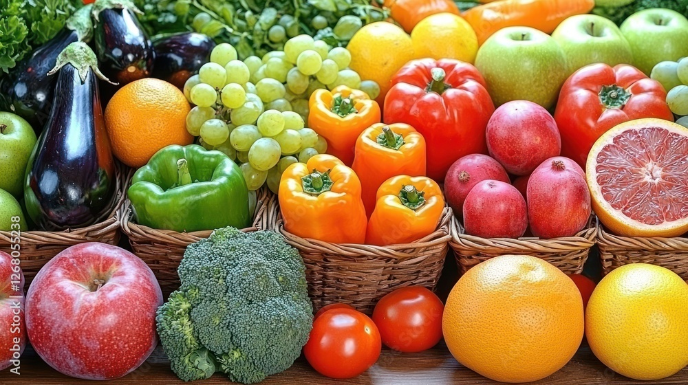 Fresh fruits and vegetables in baskets, display, healthy eating, market Fresh fruits and vegetables in baskets, display, healthy eating, market