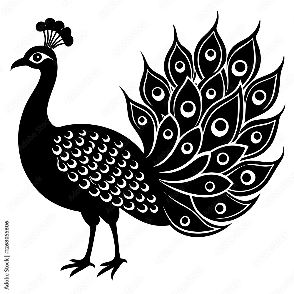 Fototapeta premium peacock bird black silhouette vector, Simple silhouette Design vector icon with white background. Wild Animal Vector. Bird Vector 