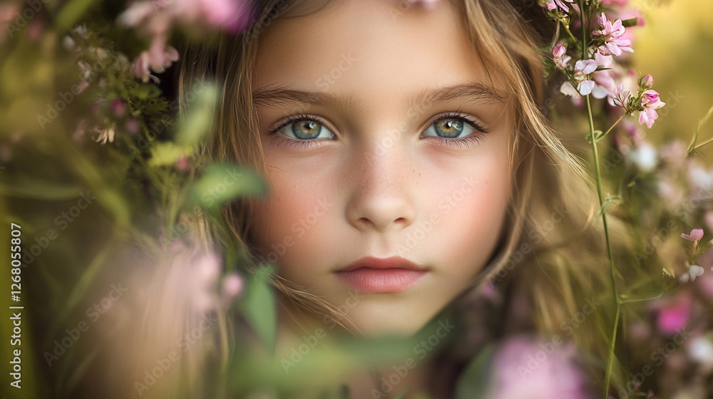 Young girl surrounded by blooming flowers with captivating blue eyes in a lush setting Young girl surrounded by blooming flowers with captivating blue eyes in a lush setting