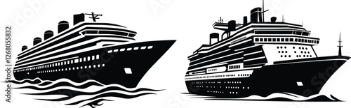 Two High-Contrast Black And White Vector Illustration Of Cruise Ship