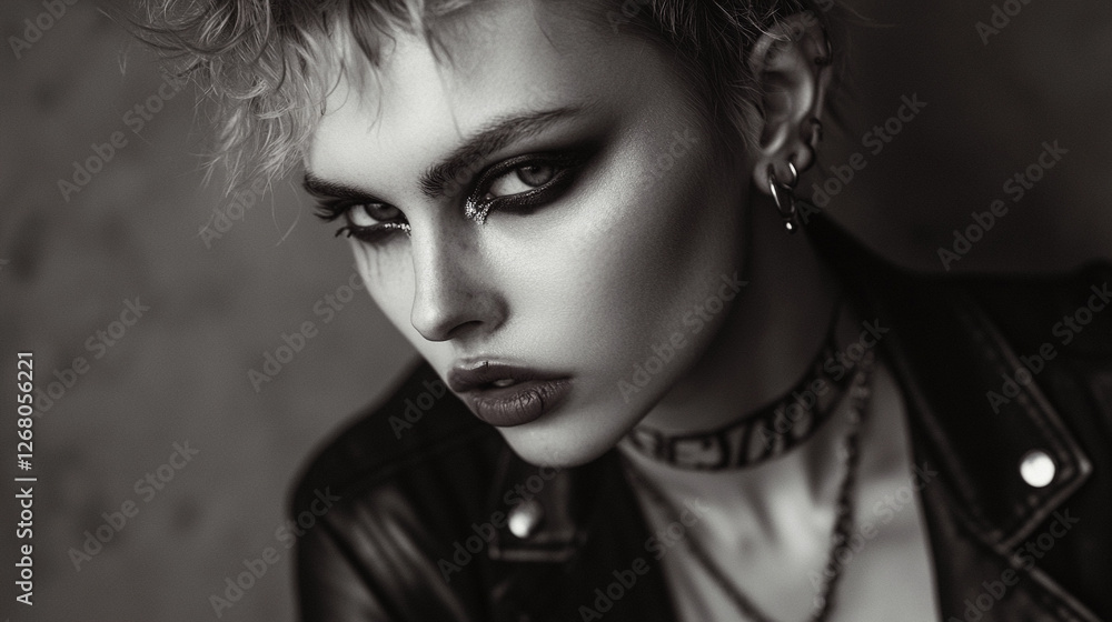 Stylish portrait of a person with edgy makeup and a leather jacket in black and white Stylish portrait of a person with edgy makeup and a leather jacket in black and white