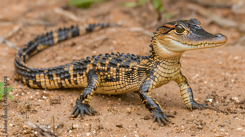 Baby alligator wildlife, sandy habitat, natural background, nature documentary Baby alligator wildlife, sandy habitat, natural background, nature documentary
