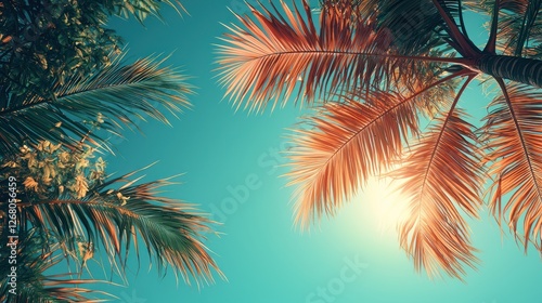 Tropical Palm Leaves Under Sunny Sky, Beautiful Nature Scene, Background Image