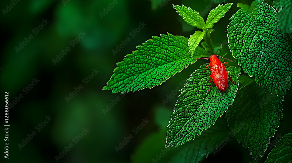 Red insect on mint leaf, lush green background, nature close-up, botanical illustration Red insect on mint leaf, lush green background, nature close-up, botanical illustration