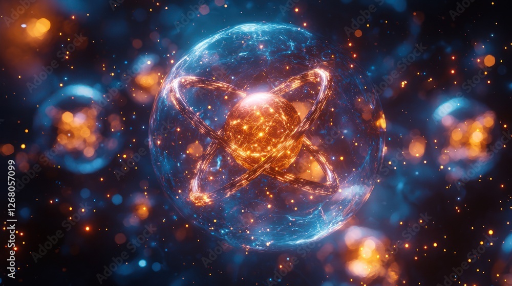 Abstract atom in glowing sphere, cosmic background, scientific concept, possible use for educational materials Abstract atom in glowing sphere, cosmic background, scientific concept, possible use for educational materials
