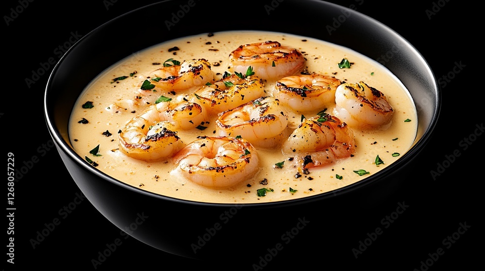 Creamy shrimp soup in a black bowl. A delicious and elegant dish. Creamy shrimp soup in a black bowl. A delicious and elegant dish.