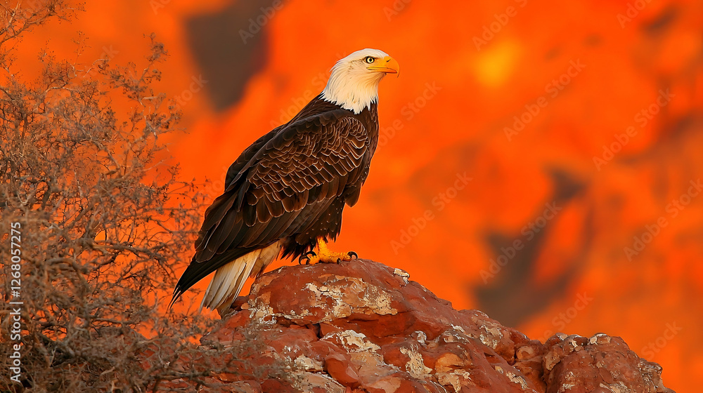 Fototapeta premium Majestic Bald Eagle perched on rock, sunset canyon backdrop, wildlife photography, nature documentary