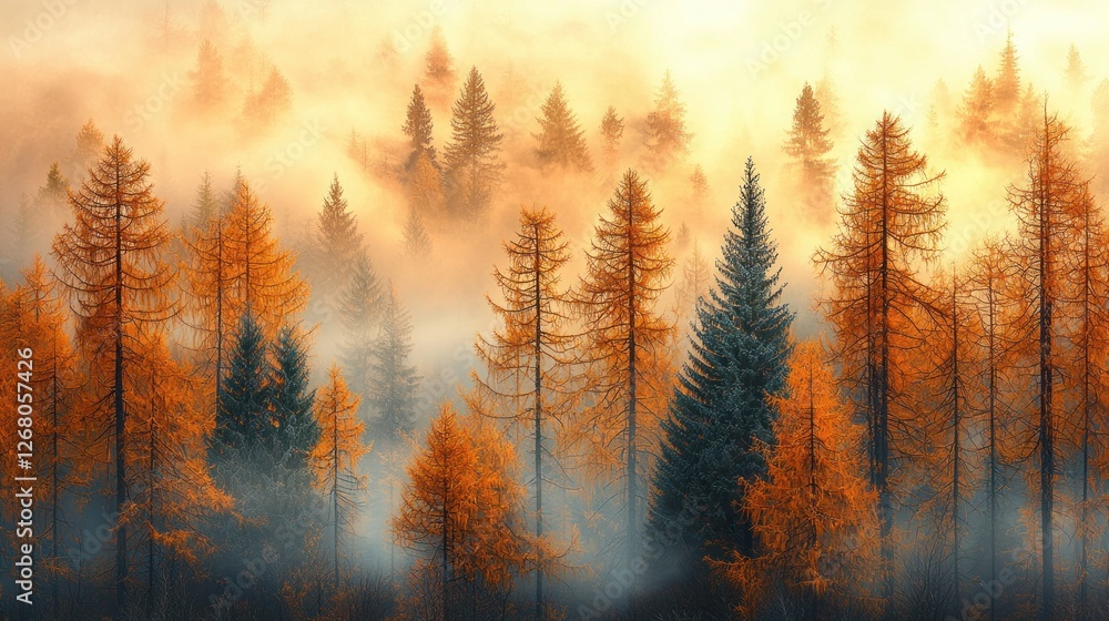 Autumnal Forest Mist Golden Trees Landscape Autumnal Forest Mist Golden Trees Landscape