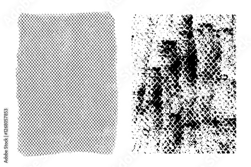 Grid texture, mesh material imprint with black paint on white paper. Vector spots with jagged ragged edges, smudges, chaos, overlapping layers, uneven density.